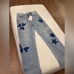 Saige Blue Star and Heart Embroidered Women Jeans